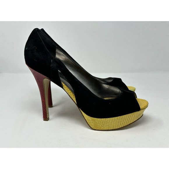 Marc Fisher Black and Yellow Peep Toe Heels with Red Stiletto - Picture 4 of 7